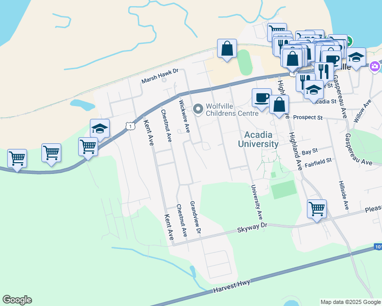 map of restaurants, bars, coffee shops, grocery stores, and more near 71 Wickwire Avenue in Wolfville