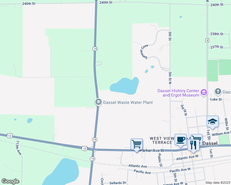 map of restaurants, bars, coffee shops, grocery stores, and more near in Dassel