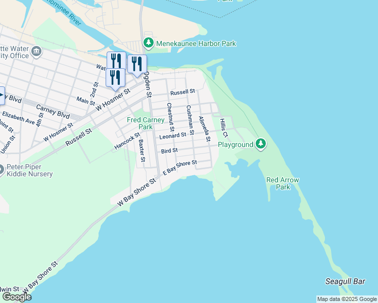 map of restaurants, bars, coffee shops, grocery stores, and more near 521 Cushman Street in Marinette