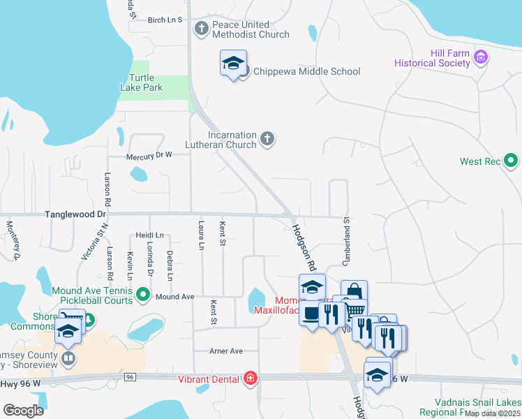 map of restaurants, bars, coffee shops, grocery stores, and more near 4808 Kent Drive in Shoreview
