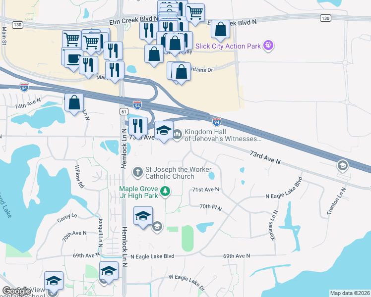 map of restaurants, bars, coffee shops, grocery stores, and more near 11491 Pheasant Lane North in Maple Grove