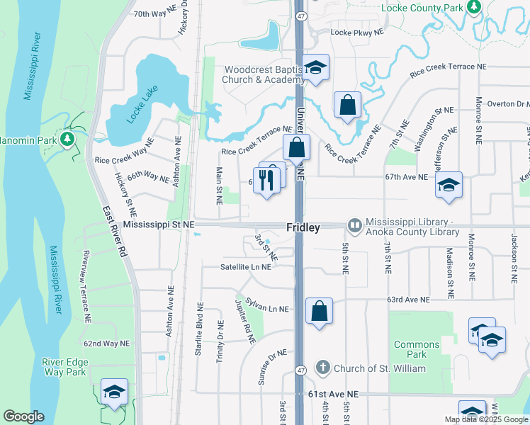 map of restaurants, bars, coffee shops, grocery stores, and more near 6538 University Avenue Northeast in Fridley