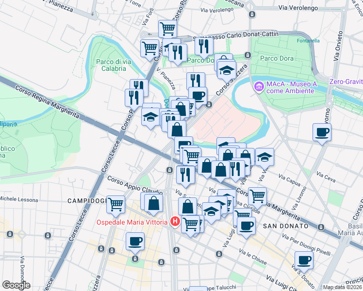 map of restaurants, bars, coffee shops, grocery stores, and more near Via Luigi Bellotti Bon in Torino