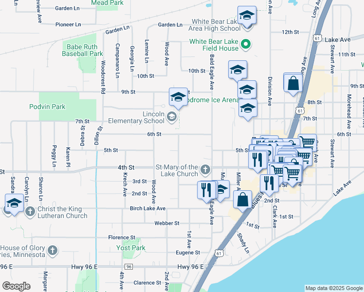 map of restaurants, bars, coffee shops, grocery stores, and more near 4810 Campbell Avenue in White Bear Lake