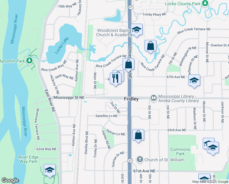map of restaurants, bars, coffee shops, grocery stores, and more near 6538 University Avenue Northeast in Fridley