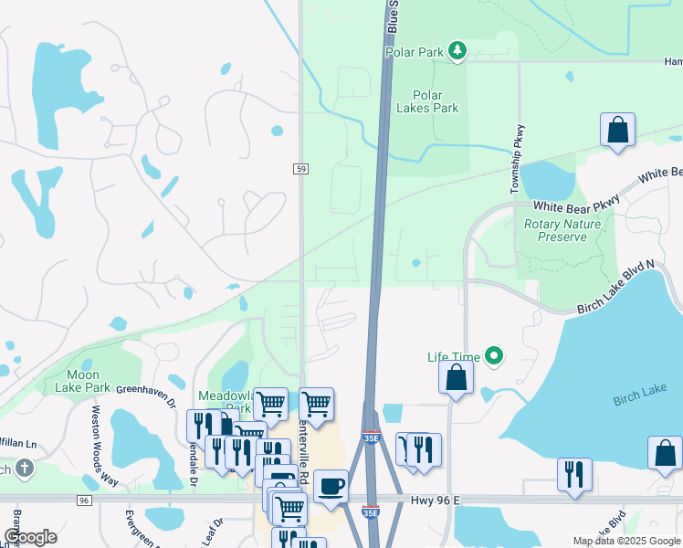 map of restaurants, bars, coffee shops, grocery stores, and more near 1133 Iris Drive in White Bear Lake