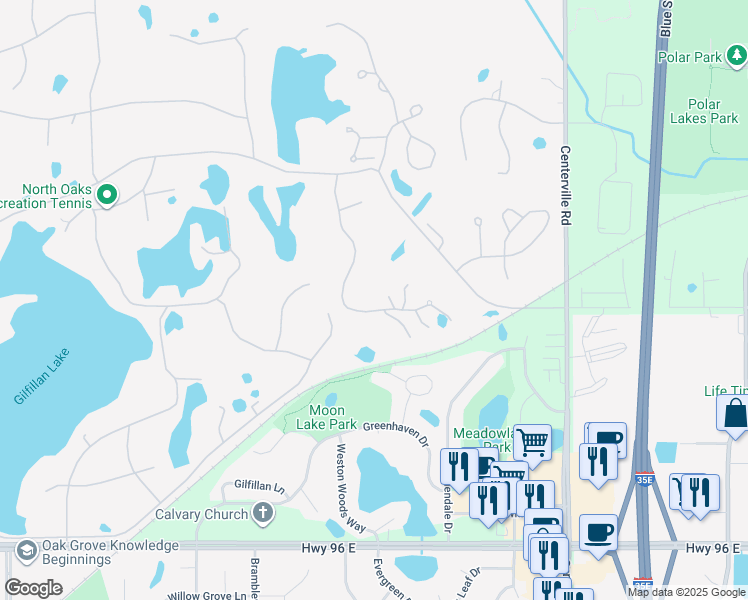 map of restaurants, bars, coffee shops, grocery stores, and more near 1 Summit Ridge Drive in North Oaks