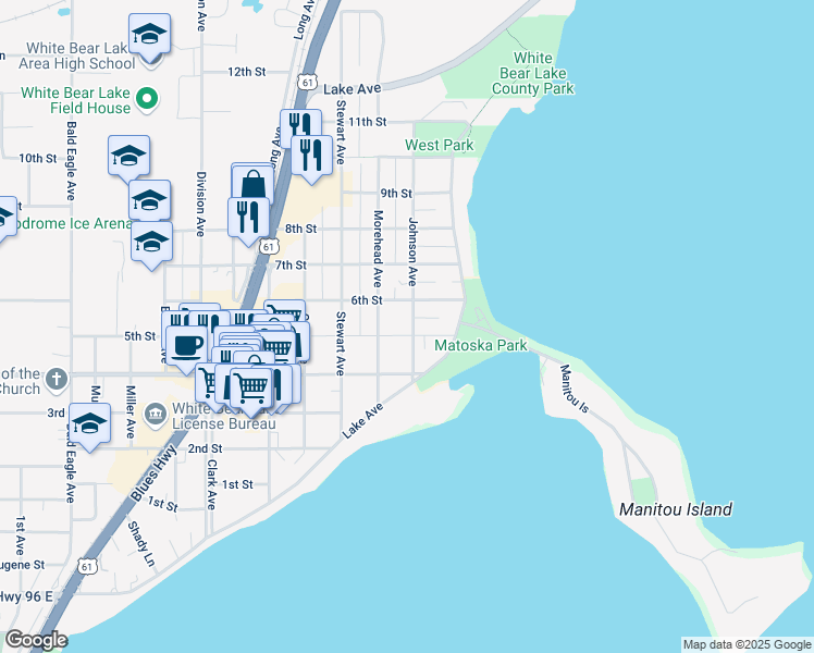 map of restaurants, bars, coffee shops, grocery stores, and more near 2322 6th Street in White Bear Lake