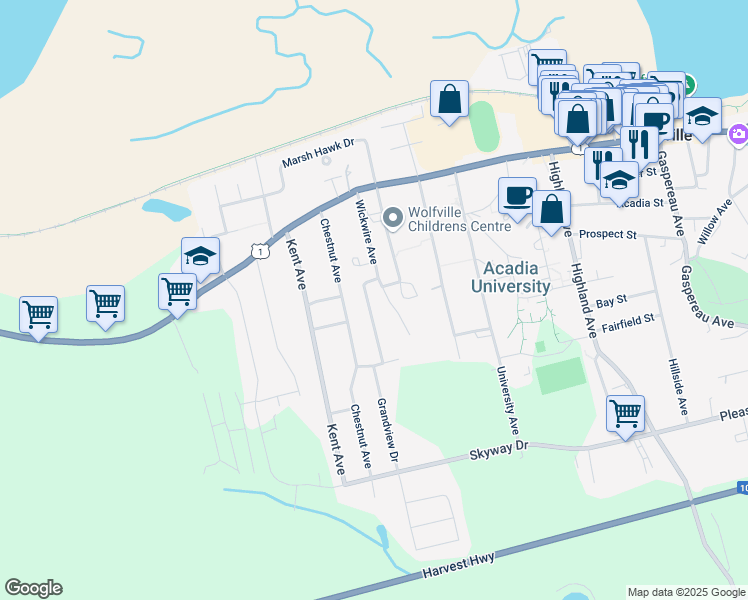 map of restaurants, bars, coffee shops, grocery stores, and more near 71 Wickwire Avenue in Wolfville
