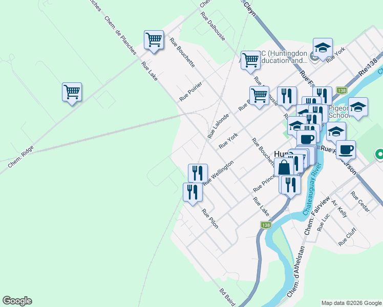 map of restaurants, bars, coffee shops, grocery stores, and more near 90 Rue Girard in Huntingdon