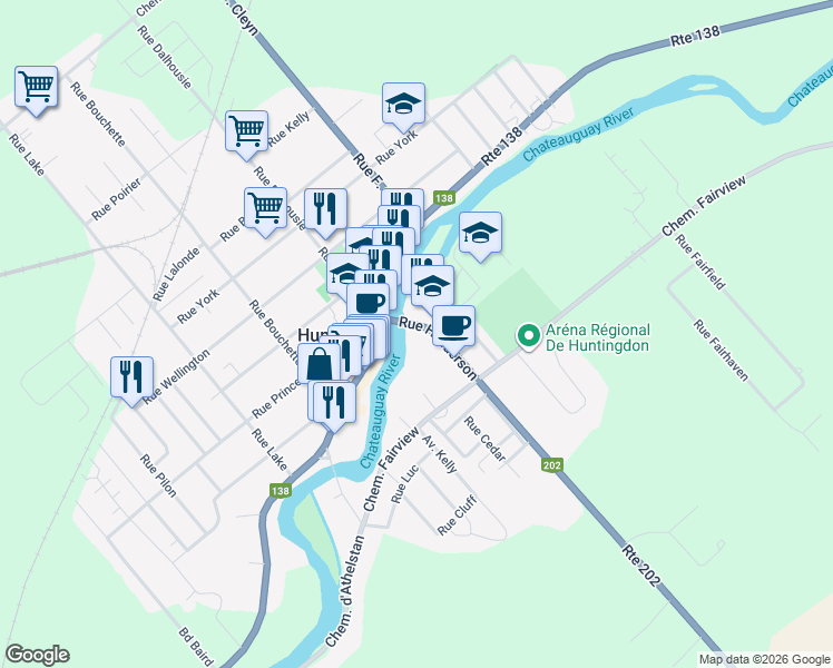 map of restaurants, bars, coffee shops, grocery stores, and more near 3 Rue Henderson in Huntingdon