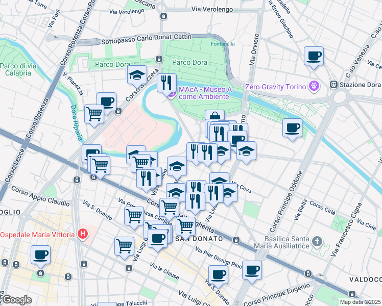 map of restaurants, bars, coffee shops, grocery stores, and more near Via Luigi Bellotti Bon in Turin