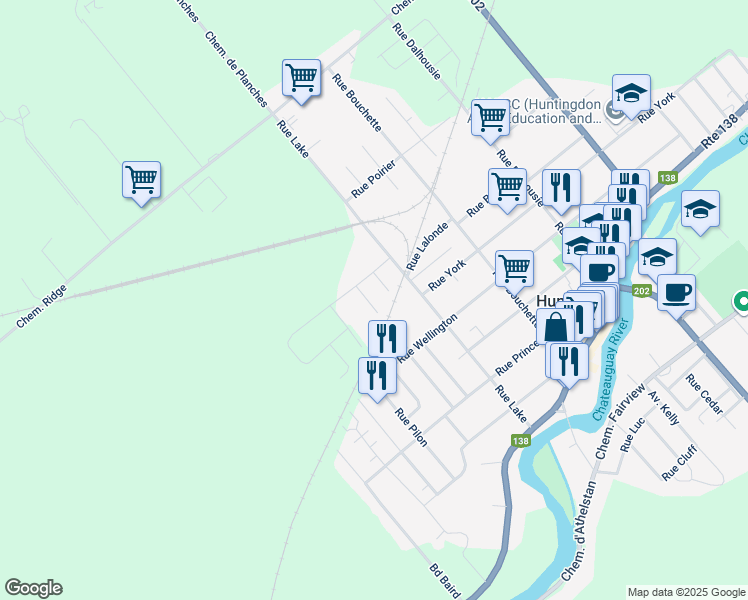 map of restaurants, bars, coffee shops, grocery stores, and more near 90 Rue Girard in Huntingdon