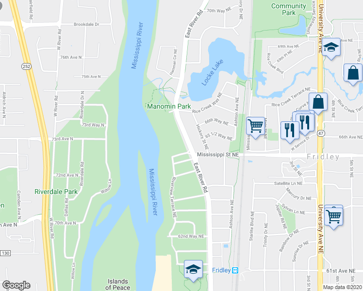 map of restaurants, bars, coffee shops, grocery stores, and more near 6530 East River Road in Minneapolis