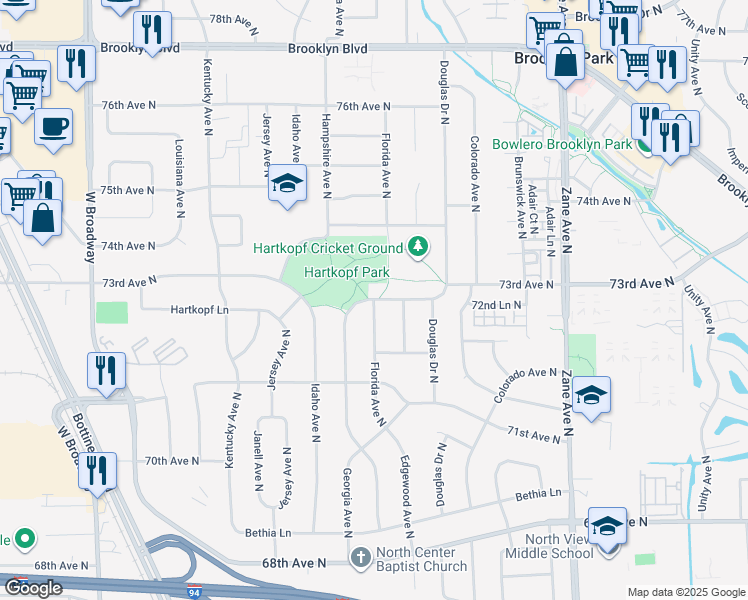 map of restaurants, bars, coffee shops, grocery stores, and more near Florida Avenue North in Brooklyn Park
