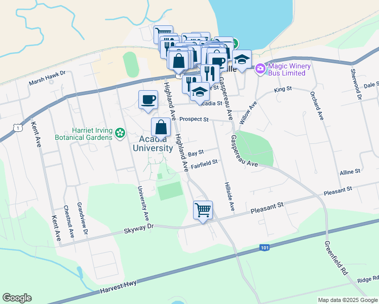 map of restaurants, bars, coffee shops, grocery stores, and more near 16 Bay Street in Wolfville