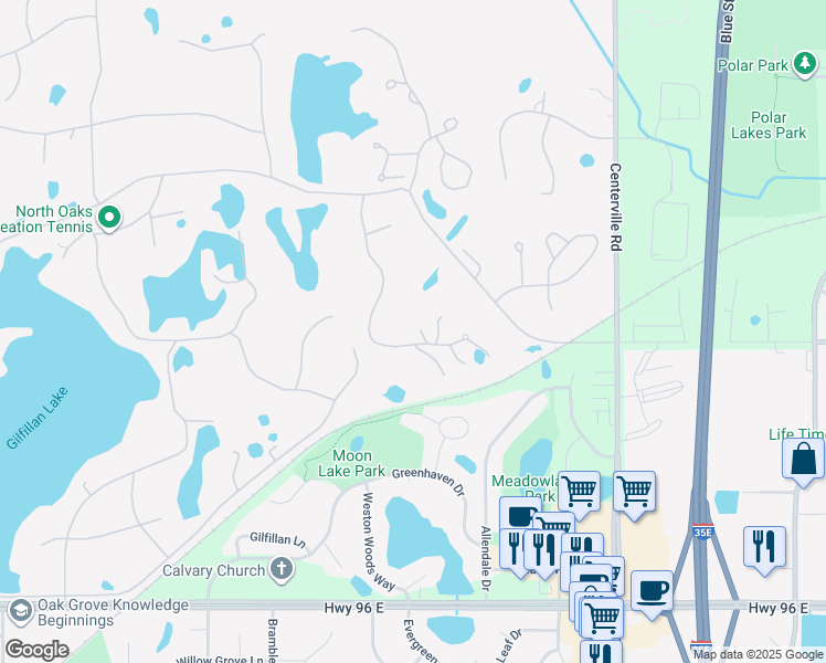 map of restaurants, bars, coffee shops, grocery stores, and more near 1 Summit Ridge Drive in North Oaks