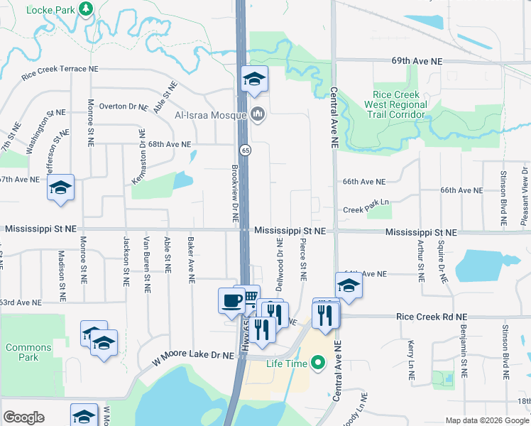 map of restaurants, bars, coffee shops, grocery stores, and more near 6549 Lucia Lane Northeast in Fridley