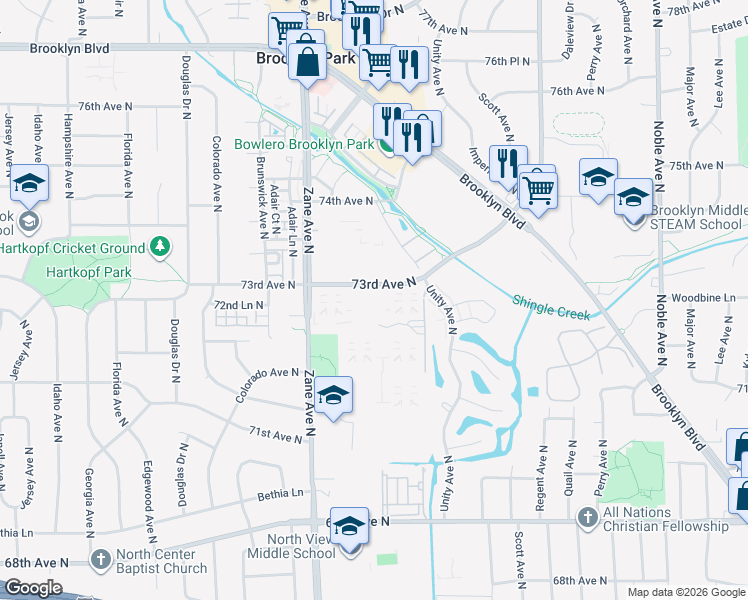 map of restaurants, bars, coffee shops, grocery stores, and more near 5805 73rd Avenue North in Brooklyn Park