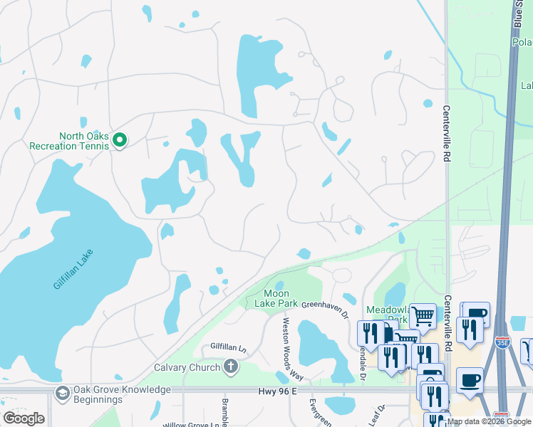 map of restaurants, bars, coffee shops, grocery stores, and more near 2 Robb Farm Road in North Oaks