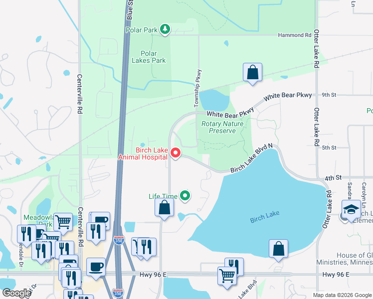 map of restaurants, bars, coffee shops, grocery stores, and more near 4768 Golden Pond Lane in White Bear Lake