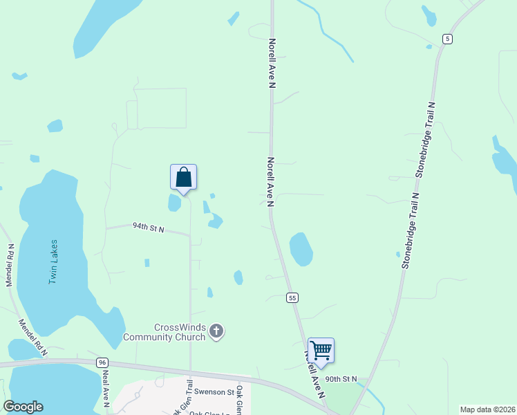 map of restaurants, bars, coffee shops, grocery stores, and more near 9520 Norell Avenue North in Stillwater