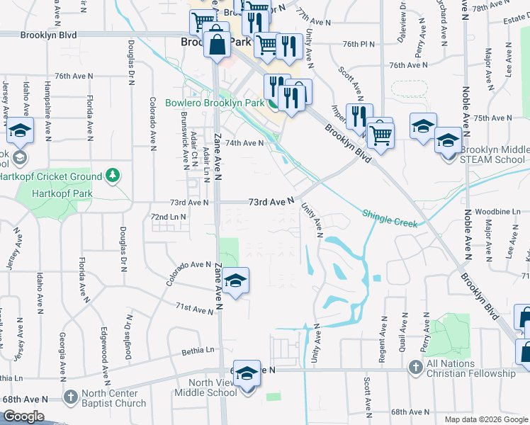 map of restaurants, bars, coffee shops, grocery stores, and more near 5805 73rd Avenue North in Brooklyn Park