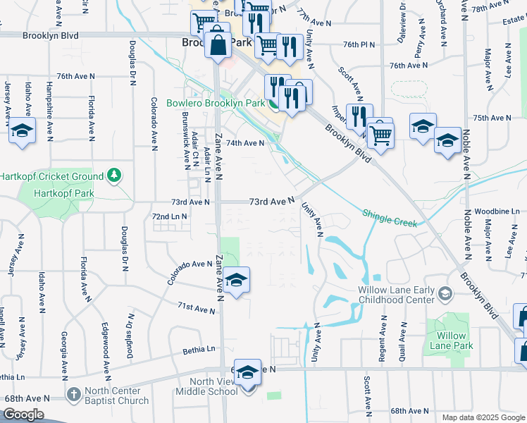 map of restaurants, bars, coffee shops, grocery stores, and more near 5805 73rd Avenue North in Brooklyn Park