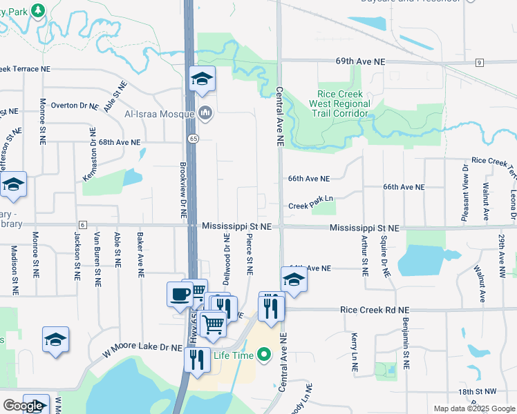 map of restaurants, bars, coffee shops, grocery stores, and more near 6551 Channel Road Northeast in Fridley
