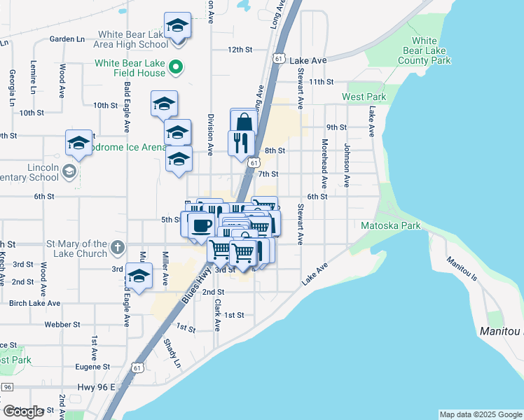 map of restaurants, bars, coffee shops, grocery stores, and more near 2205 5th Street in White Bear Lake
