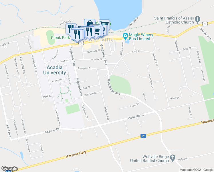 map of restaurants, bars, coffee shops, grocery stores, and more near 86 Gaspereau Avenue in Wolfville