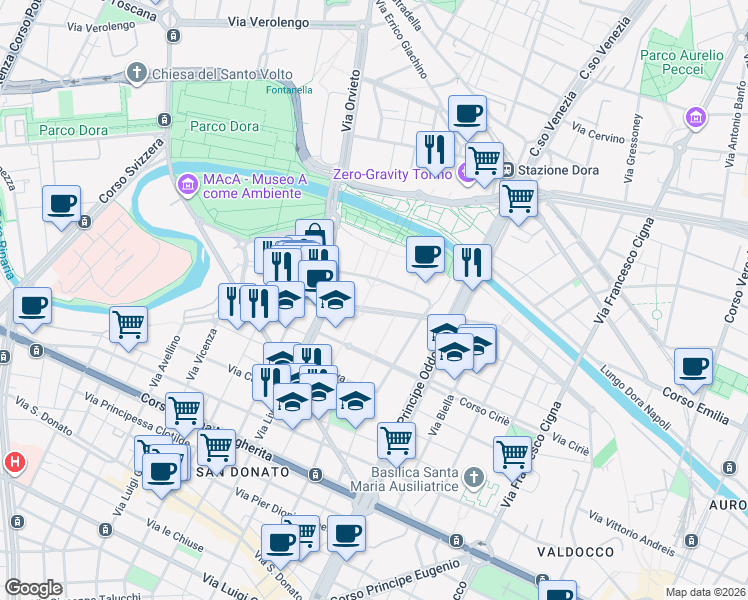 map of restaurants, bars, coffee shops, grocery stores, and more near 32 Corso Ottone Rosai in Torino