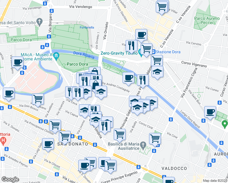 map of restaurants, bars, coffee shops, grocery stores, and more near 32 Corso Ottone Rosai in Torino