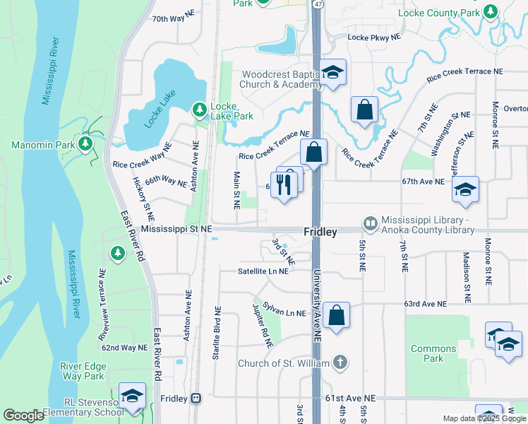 map of restaurants, bars, coffee shops, grocery stores, and more near 6530 2nd Street Northeast in Minneapolis