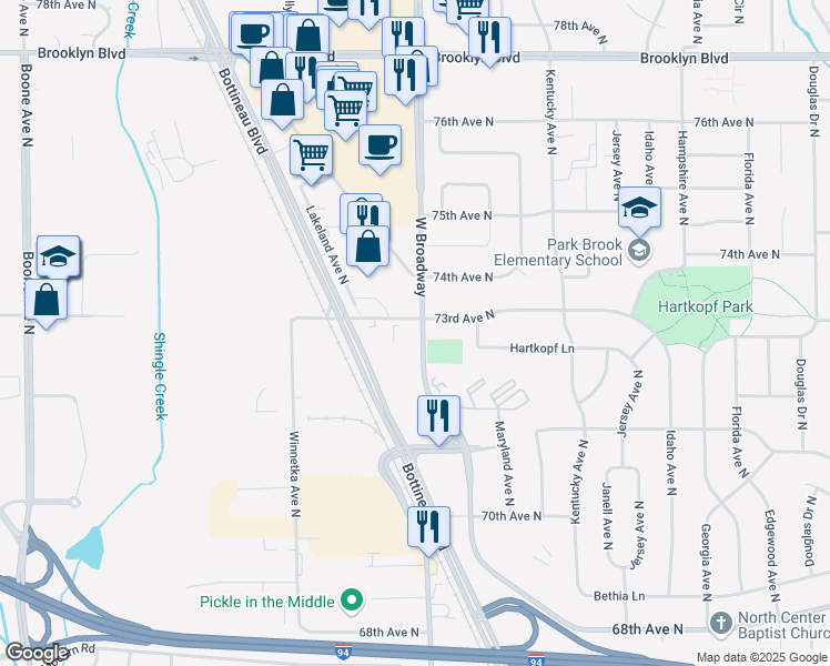 map of restaurants, bars, coffee shops, grocery stores, and more near in Brooklyn Park
