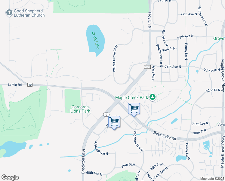 map of restaurants, bars, coffee shops, grocery stores, and more near 18480-18598 County Road 10 (East) in Maple Grove