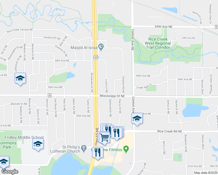 map of restaurants, bars, coffee shops, grocery stores, and more near 6549 Lucia Lane Northeast in Fridley