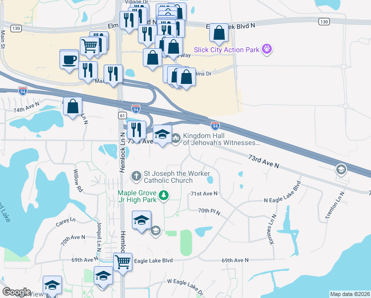 map of restaurants, bars, coffee shops, grocery stores, and more near 11491 Pheasant Lane North in Maple Grove