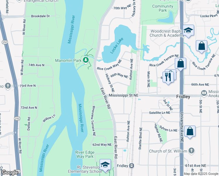 map of restaurants, bars, coffee shops, grocery stores, and more near 6506 Hickory Street Northeast in Fridley