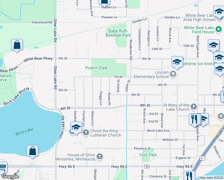 map of restaurants, bars, coffee shops, grocery stores, and more near 4815 Debra Street in White Bear Lake