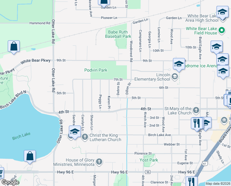 map of restaurants, bars, coffee shops, grocery stores, and more near 4815 Debra Street in White Bear Lake