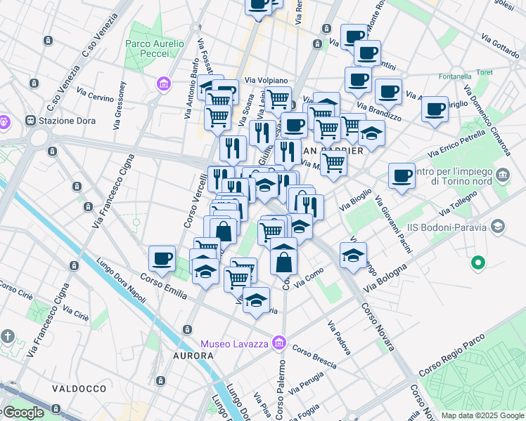 map of restaurants, bars, coffee shops, grocery stores, and more near 26 Corso Novara in Torino