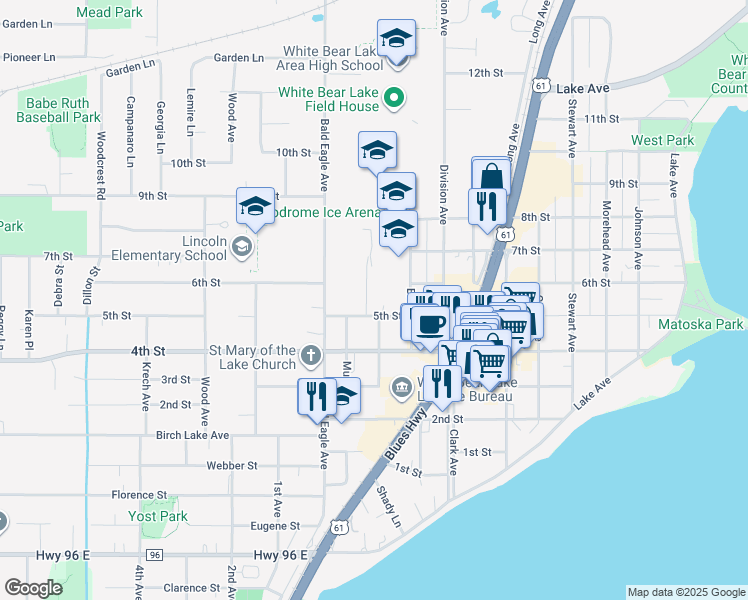 map of restaurants, bars, coffee shops, grocery stores, and more near 4814 Central Avenue in White Bear Lake