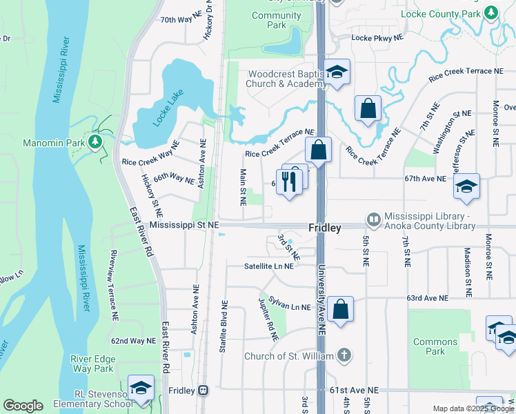 map of restaurants, bars, coffee shops, grocery stores, and more near 6530 2nd Street Northeast in Minneapolis