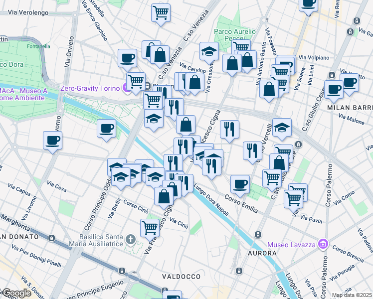 map of restaurants, bars, coffee shops, grocery stores, and more near 63-71 Via Francesco Cigna in Torino