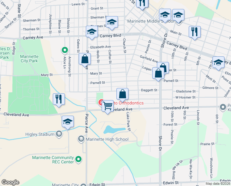 map of restaurants, bars, coffee shops, grocery stores, and more near 1437 Daggett Street in Marinette