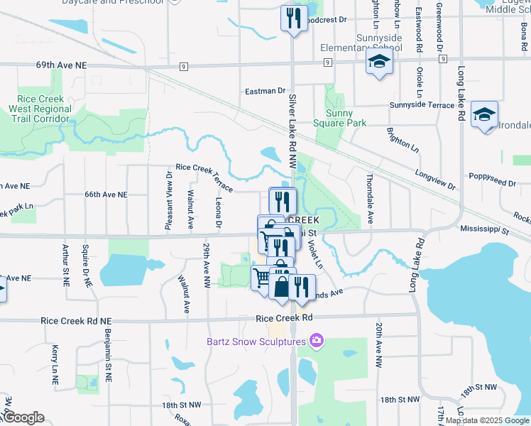 map of restaurants, bars, coffee shops, grocery stores, and more near 2580 22nd Terrace Northwest in New Brighton