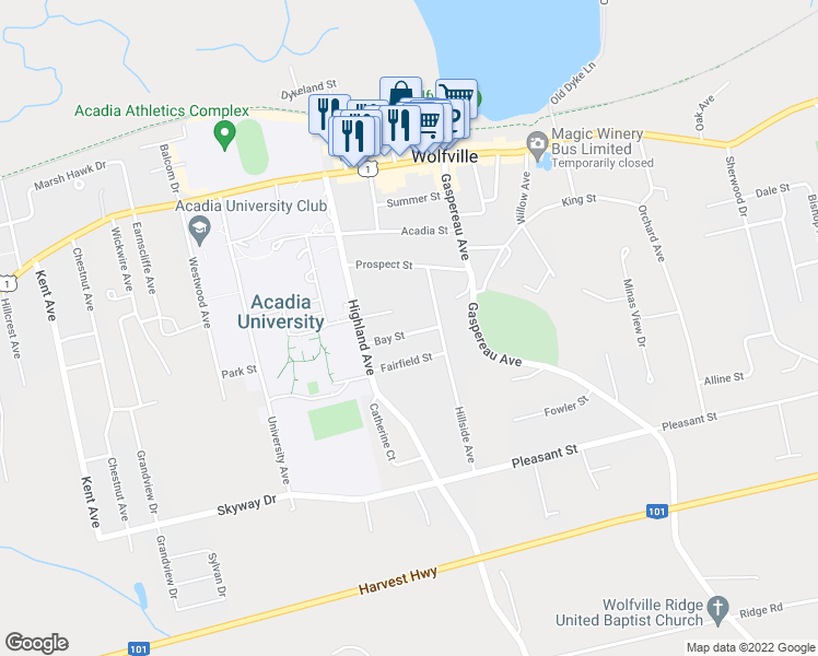 map of restaurants, bars, coffee shops, grocery stores, and more near 6 Bay Street in Wolfville
