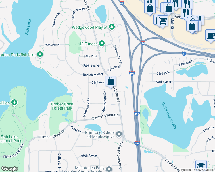 map of restaurants, bars, coffee shops, grocery stores, and more near 7268 73rd Avenue North in Maple Grove