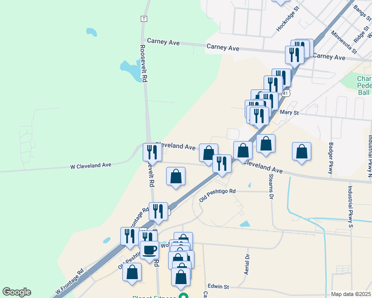 map of restaurants, bars, coffee shops, grocery stores, and more near 3343 Cleveland Avenue in Marinette